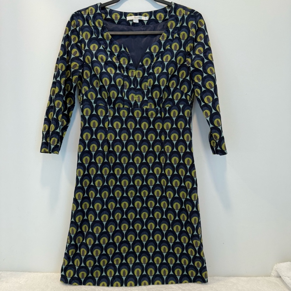 Boden Navy and Olive Geometric Print V-Neck Dress